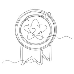 Award badge with checkmark continuous one line drawing. Approval check ribbon contour wave line sign. Vector illustration isolated on white background