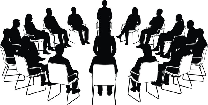 Silhouettes of a Large Group of People Sitting in a Circle for a Meeting, Group Therapy Session, Discussion, or Counseling, Symbolizing Collaboration, Support, Training, and Community Dialogue.