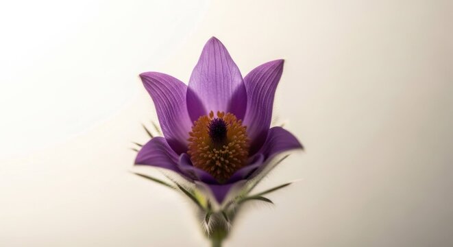 Delicate purple flower with orange center, backlit against a soft background - Powered by Adobe