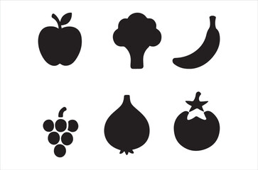Simple black silhouette icons depicting various fruits and vegetables