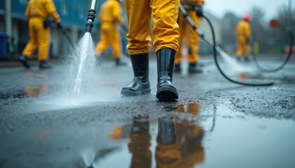 Workers in yellow protective suits, black boots clean wet asphalt surface with high pressure washers. Perform essential industrial maintenance on large ground area. Water sprays from nozzles,