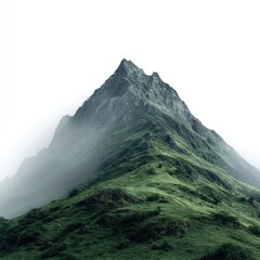 Misty mountain peak, vibrant green slopes against a white sky