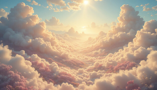 heaven-like pastel valley with glowing clouds, soft golden-peach tones, angelic light rays, surreal dreamy landscape, adobe stock safe"
