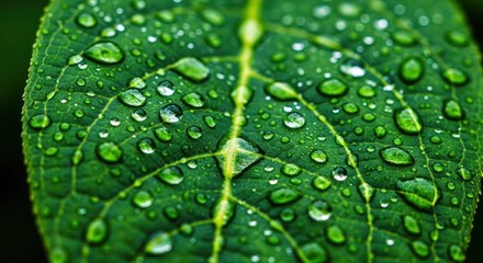 Dew-kissed green leaf shows prominent veins and many glistening water droplets
