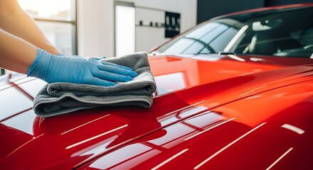 Gloved hands meticulously polishing a vibrant red sports car, showcasing professional automotive detailing.