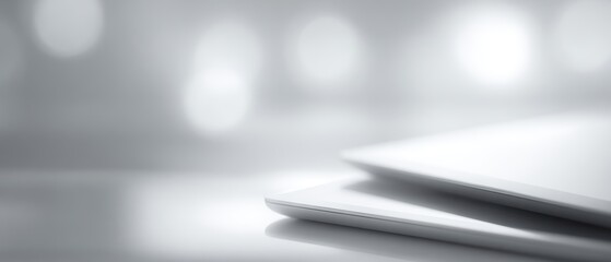 laptop and tablet mockup for tech campaign with futuristic glow, close-up shot, monochrome palette, advertising mood, soft diffused glow, ample space for text, ideal for commercial use