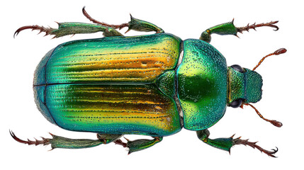 Colorful iridescent beetle macro image showing detailed texture vibrant exoskeleton patterns scientific entomology study and fascinating insect diversity captured on white background