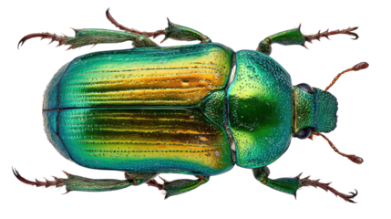 Colorful iridescent beetle macro image showing detailed texture vibrant exoskeleton patterns scientific entomology study and fascinating insect diversity captured on white background