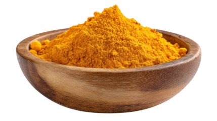 Wooden bowl filled with vibrant golden turmeric powder displaying rich texture aromatic spice quality and culinary natural organic ingredient detail on white background