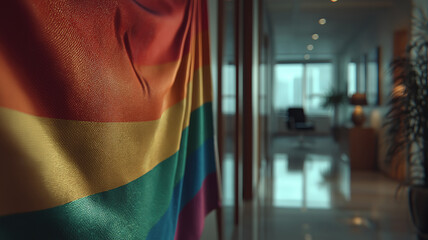 Modern office hallway adorned with rainbow pride flag symbolizing lgbtqia workplace support