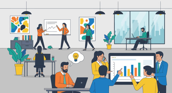 Modern office environment depicting team collaboration and remote