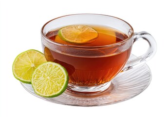 Clear glass teacup filled with dark tea, garnished with lime slices, on a glass saucer