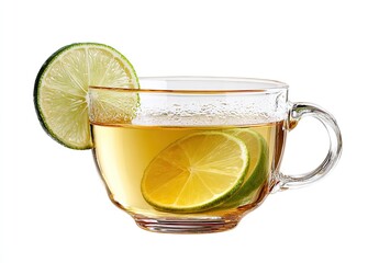 Clear glass teacup filled with light-colored tea, topped with lime slices