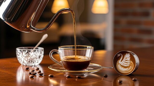 Pouring Coffee into a Glass Cup with Swan Art.