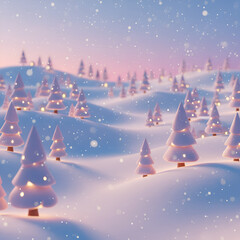 Naklejka premium Dreamy 3D Winter Landscape with Glowing Christmas Trees and Soft Falling Snow