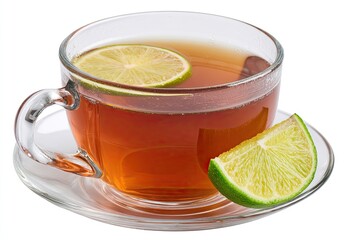 Clear glass teacup filled with dark brown tea, garnished with lime slices, on a matching saucer