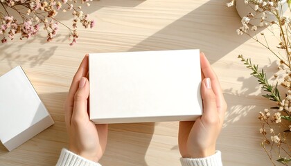 Overhead view of hands holding a blank white gift box, perfect for branding or customization, surrounded by dried floral accents