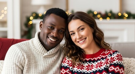 Joyful diverse couple smiling brightly in festive winter sweaters, embracing the cozy holiday season.