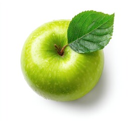 High-angle close-up of a vibrant green apple with a fresh leaf