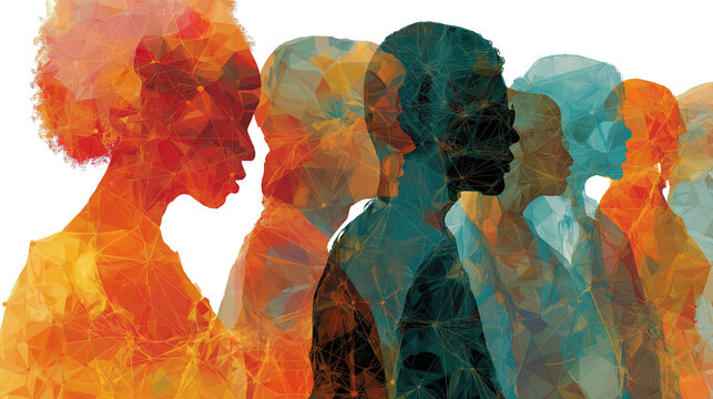 Silhouettes of people connected by networks illustrating teamwork communication and inclusion values