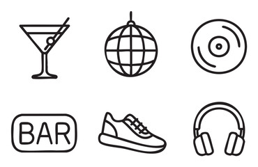 Minimalist collection of six black outline icons, including a martini glass, disco ball, vinyl record, bar sign, sneaker, and headphones, symbolizing nightlife and party elements