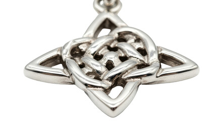 Close-up of an intricate silver Celtic knot pendant, a symbol of interconnectedness and eternity.
