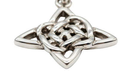 Close-up of an intricate silver Celtic knot pendant, a symbol of interconnectedness and eternity.