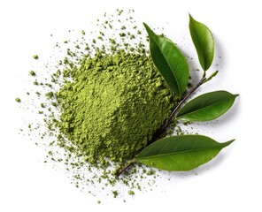 Green tea powder scattered, with fresh leaves