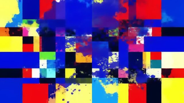 A vibrant abstract composition of geometric color blocks with chaotic paint splatter effects.