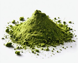 A mound of bright green powder, slightly unevenly distributed, rests on a white surface