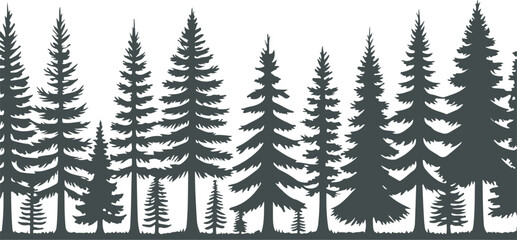 Silhouette border of various evergreen pine tree shapes in a repeating pattern, for graphic design use