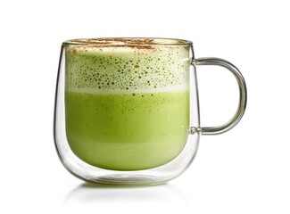 Glass mug of vibrant green matcha latte