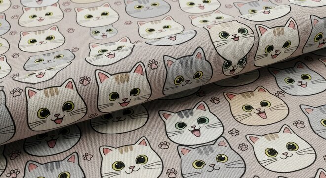 Fabric with cartoon cats and paw prints in gray, beige and yellow shades
