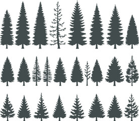 Collection of various dark green silhouette illustrations representing different species and shapes of coniferous evergreen trees, perfect for nature design elements