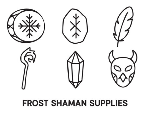 Collection of six black outline icons depicting mystical and magical items like a drum, rune, feather, staff, crystal, and horned mask, presented in a clean, illustrative style