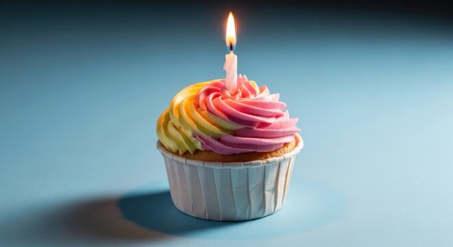 Festive cupcake with swirled icing and a single candle on a light blue backdrop