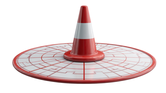 Red and white traffic safety cone positioned on circular patterned platform representing caution road warning construction zone equipment concept on white background