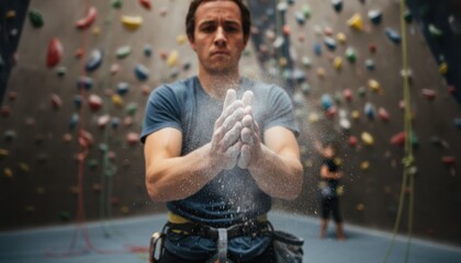 Indoor rock climber clapping chalk from hands, capturing focus, determination and training lifestyle for fitness, sport challenge and goal setting