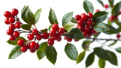 &ldquo;Close-up of Vibrant Red Winter Berries on a Green Leafy Branch Isolated on a Bright White Background&rdquo;