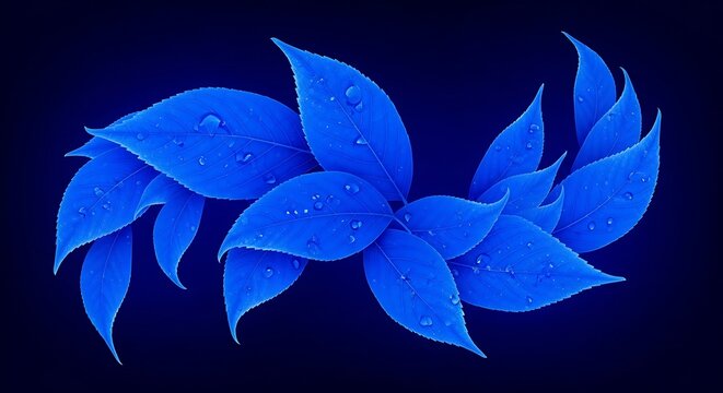 Blue leaves with dew drops form a natural wreath against a dark background. - Powered by Adobe