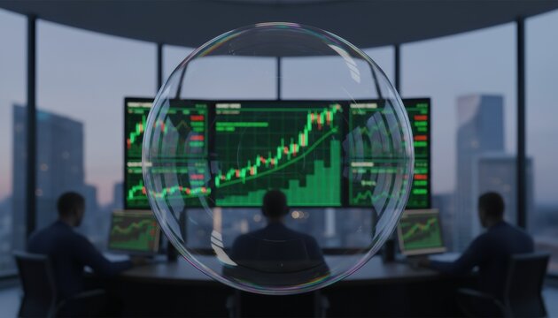 Transparent bubble over traders and green stock charts, metaphor for financial bubble, speculation risk, crypto mania and fragile market optimism