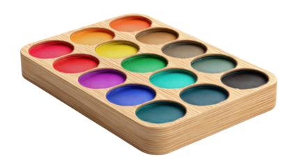Wooden watercolor palette with multiple vibrant colorful paint pans arranged neatly showcasing artistic creativity tools for painting and design on white background