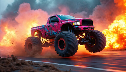 Monster truck driving fast on asphalt road. Car performs stunt with fire. Vehicle is pink with abstract art. Racing car on speed. Abstract background with fire.