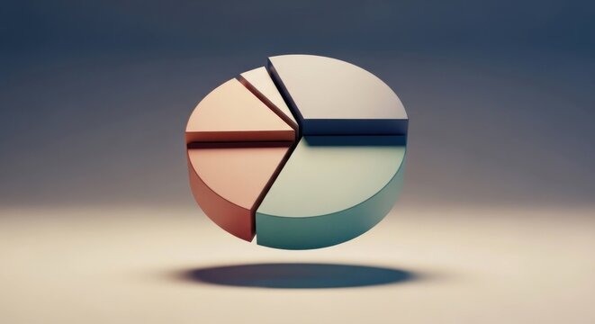 Floating pie chart with segments of pastel colors casting a soft shadow