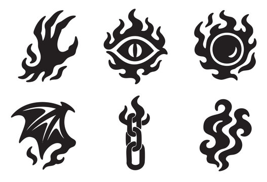 Collection of six dark and mystical black silhouette symbols, featuring a fiery clawed hand, an all-seeing eye, a burning orb, a demon wing, a flaming chain, and abstract fire