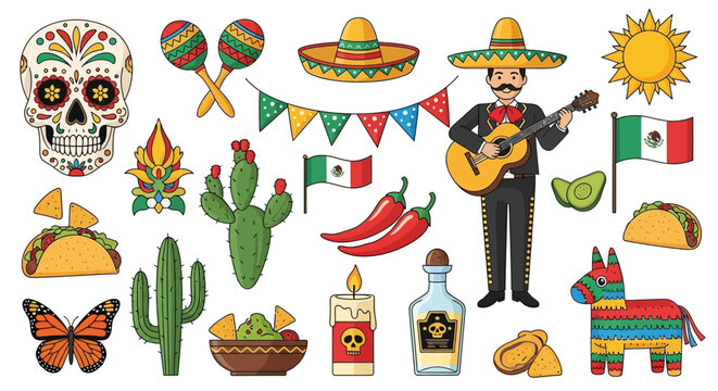 Mexican Culture Elements Skull, Maracas, Sombrero, Cactus, Guitar, and More Illustrations