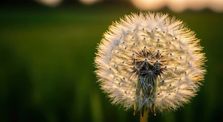 Fluffy dandelion seed head glows against blurred green background at sunset