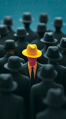 Fototapeta premium Individual in Bright Hat Stands Out Among Dark Figures in Crowd