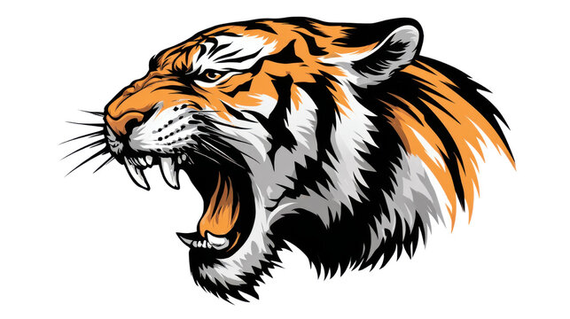 Fierce roaring tiger head illustrated in bold dynamic colors showcasing power strength wildlife energy and aggressive expression in detailed artwork on white background