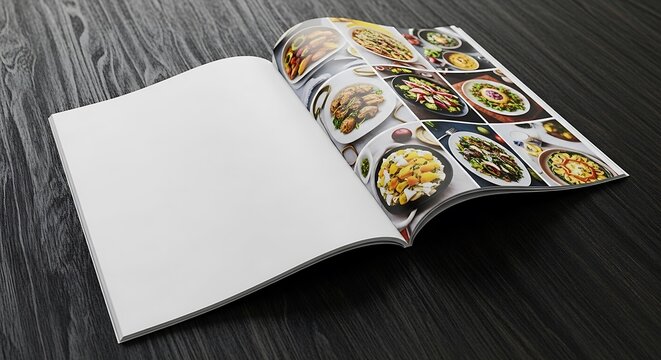 Open magazine or cookbook on a dark wooden table, featuring a blank page for copy space and a spread of delicious food images
